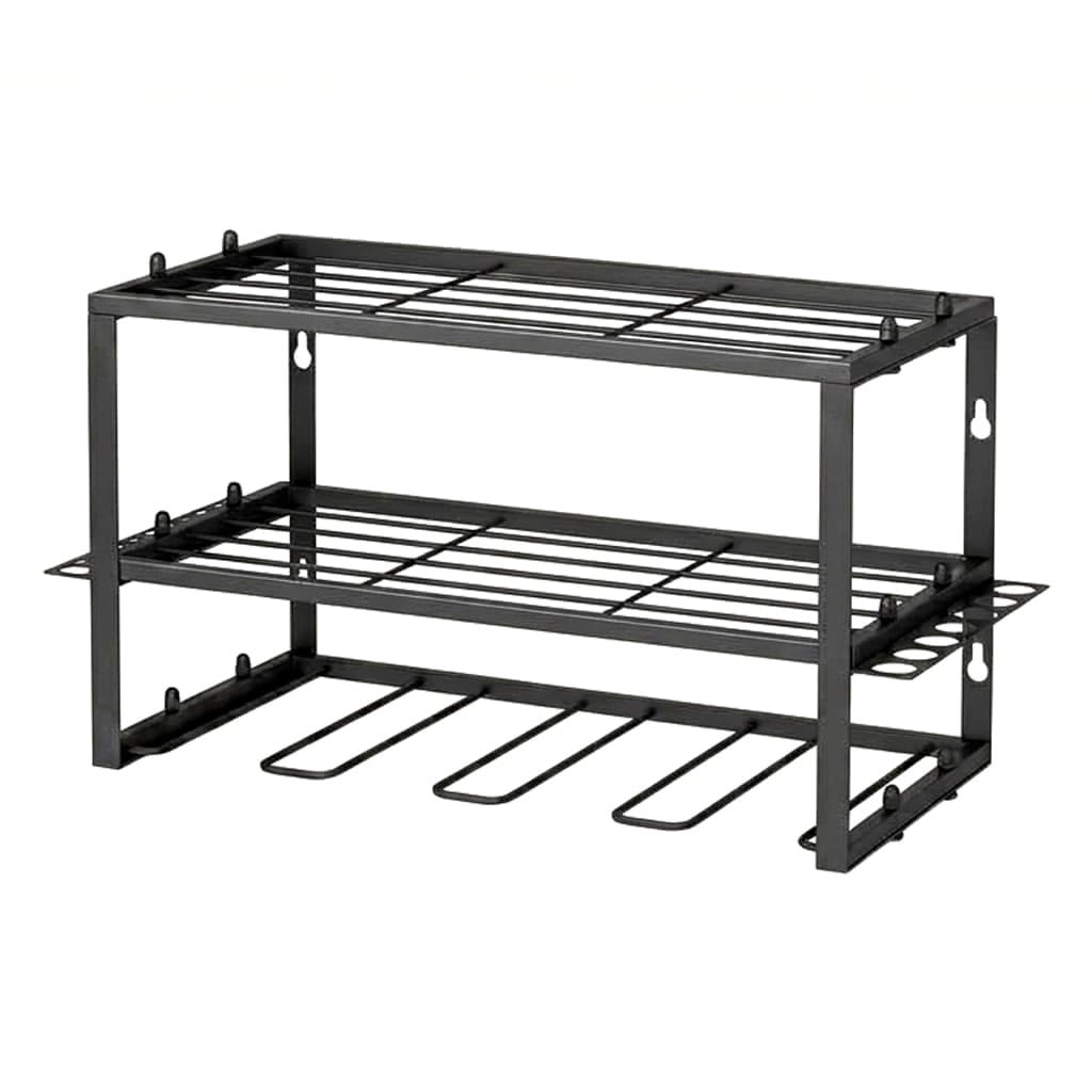 2-Tier Wall-Mount Power Tool Organizer with Drill Holders – Black Steel