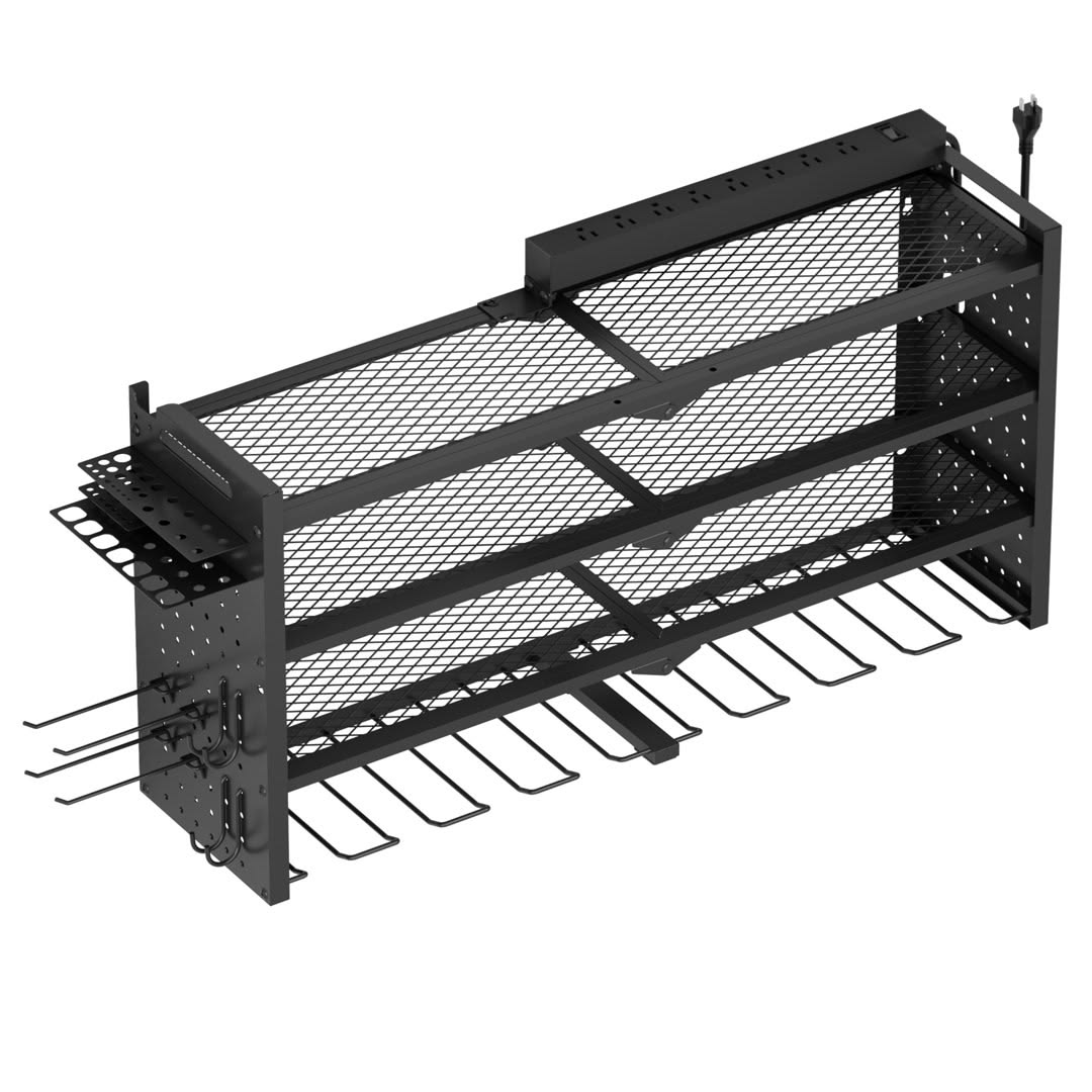 4-Tier Power Tool Organizer Rack with Power Strip & Tool Holders – Black